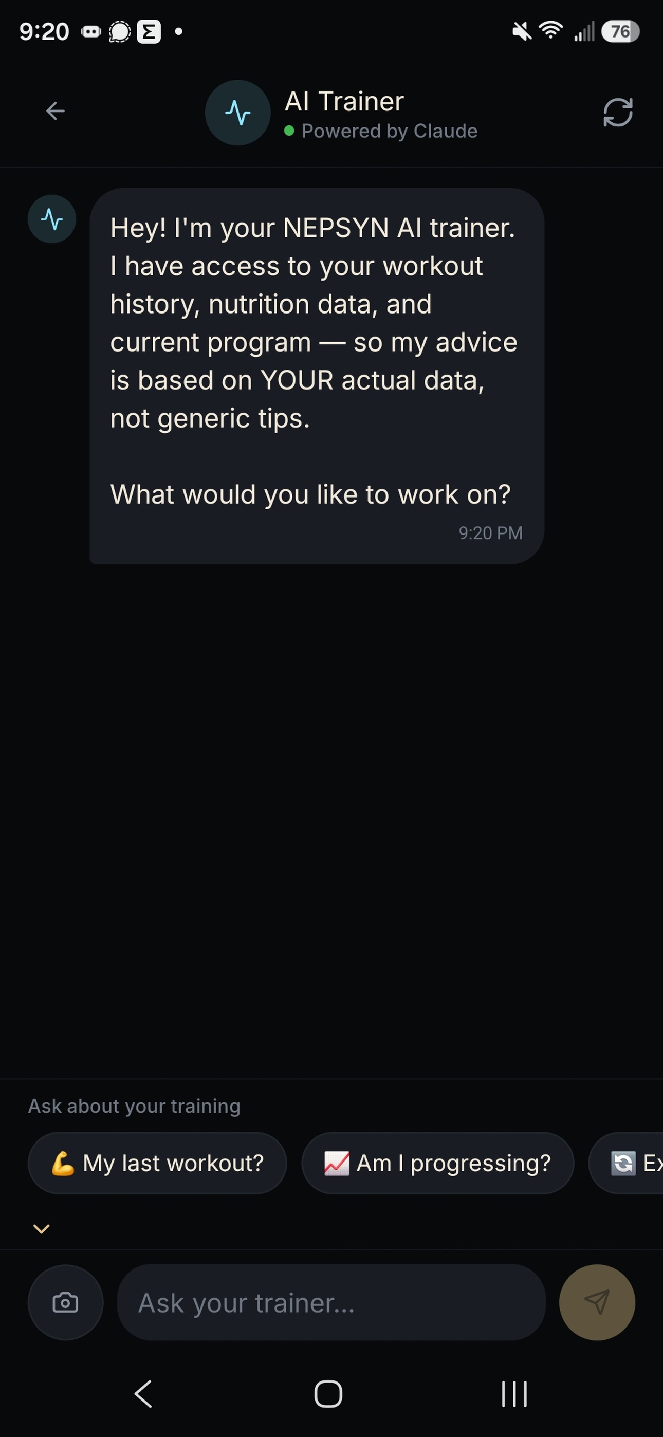 NEPSYN AI trainer screen explaining coaching based on workout history, nutrition data, and current program.