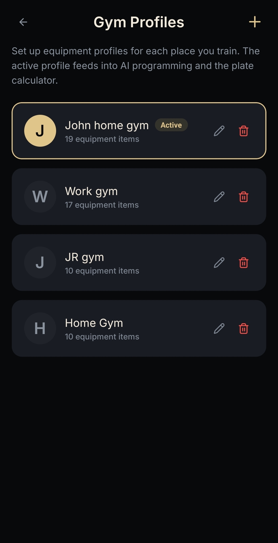 NEPSYN gym profiles screen showing saved gym equipment profiles.