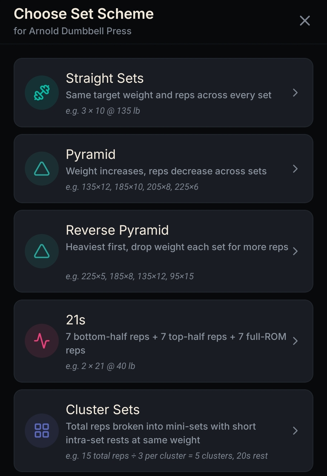 NEPSYN choose set scheme screen showing straight sets, pyramid, reverse pyramid, 21s, cluster sets, and myo-reps.