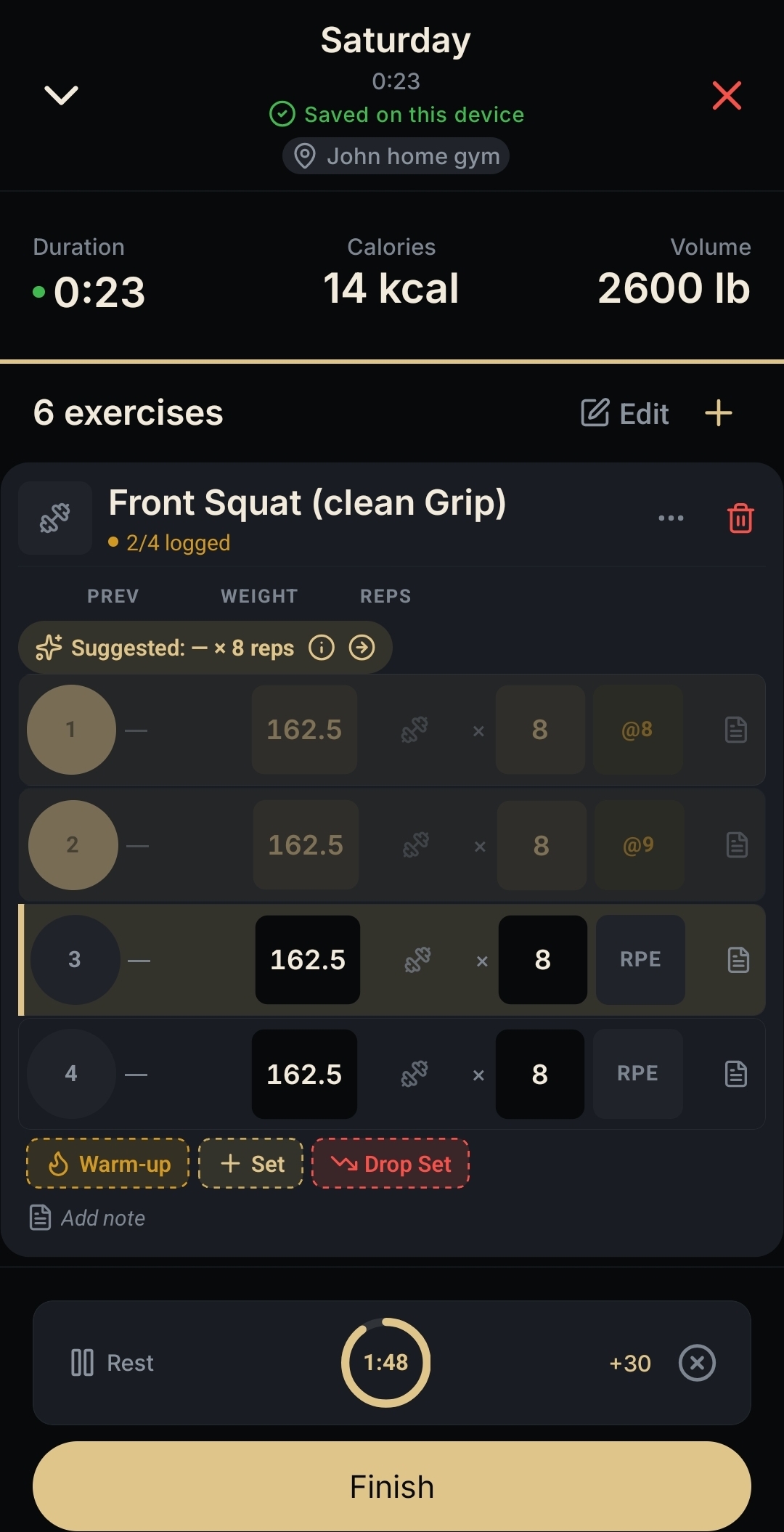 NEPSYN workout detail screen showing Front Squat with set logging, RPE, and drop set controls.