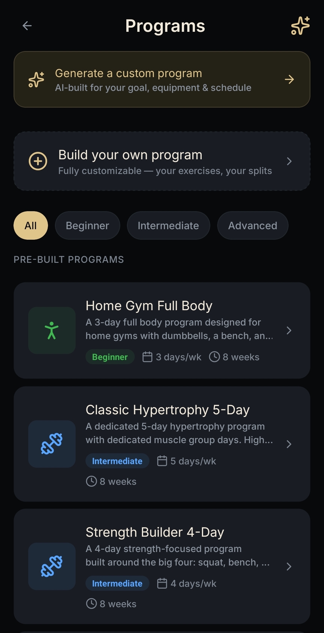 NEPSYN programs list screen showing pre-built program options.