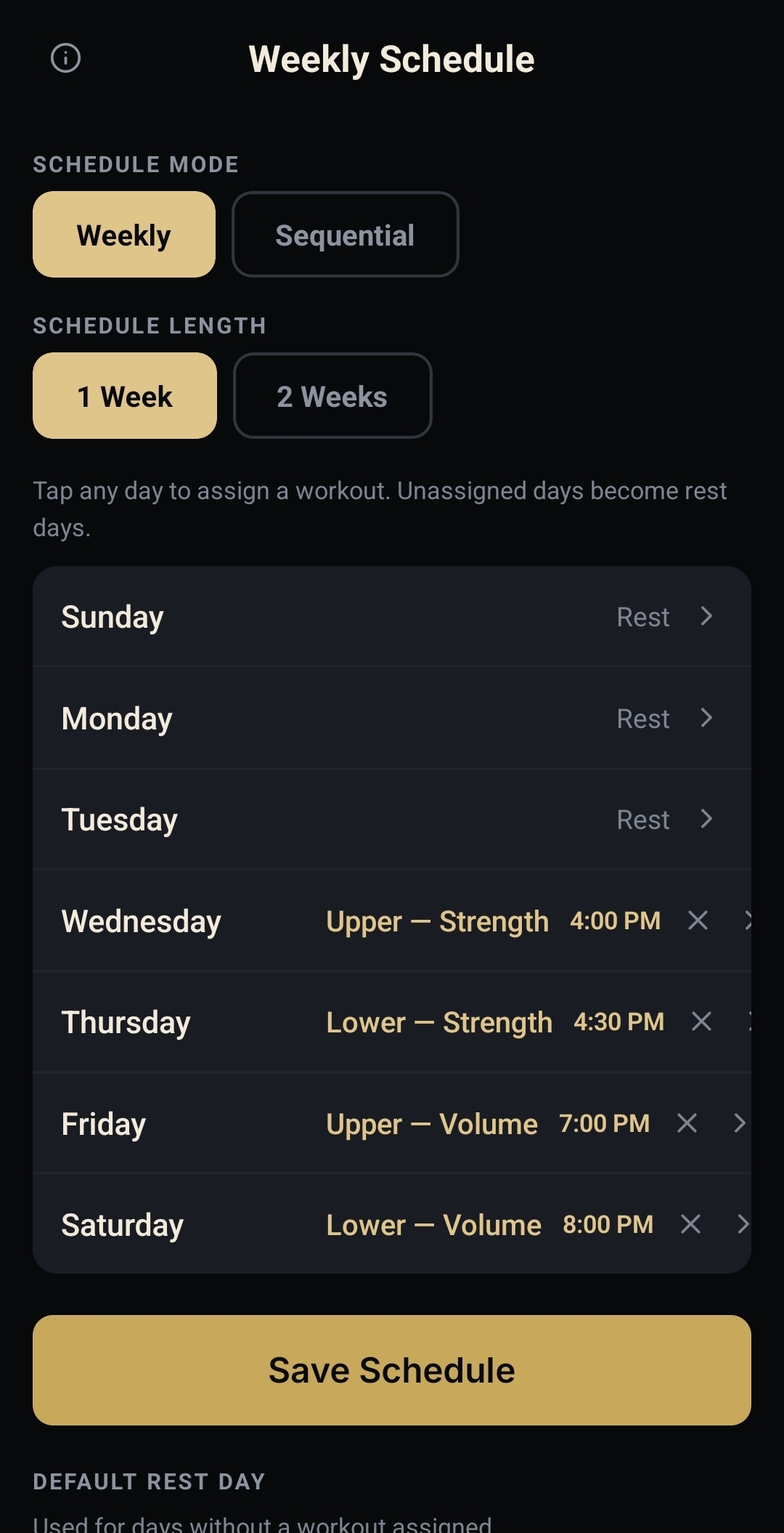NEPSYN weekly schedule screen with training days assigned across the week.