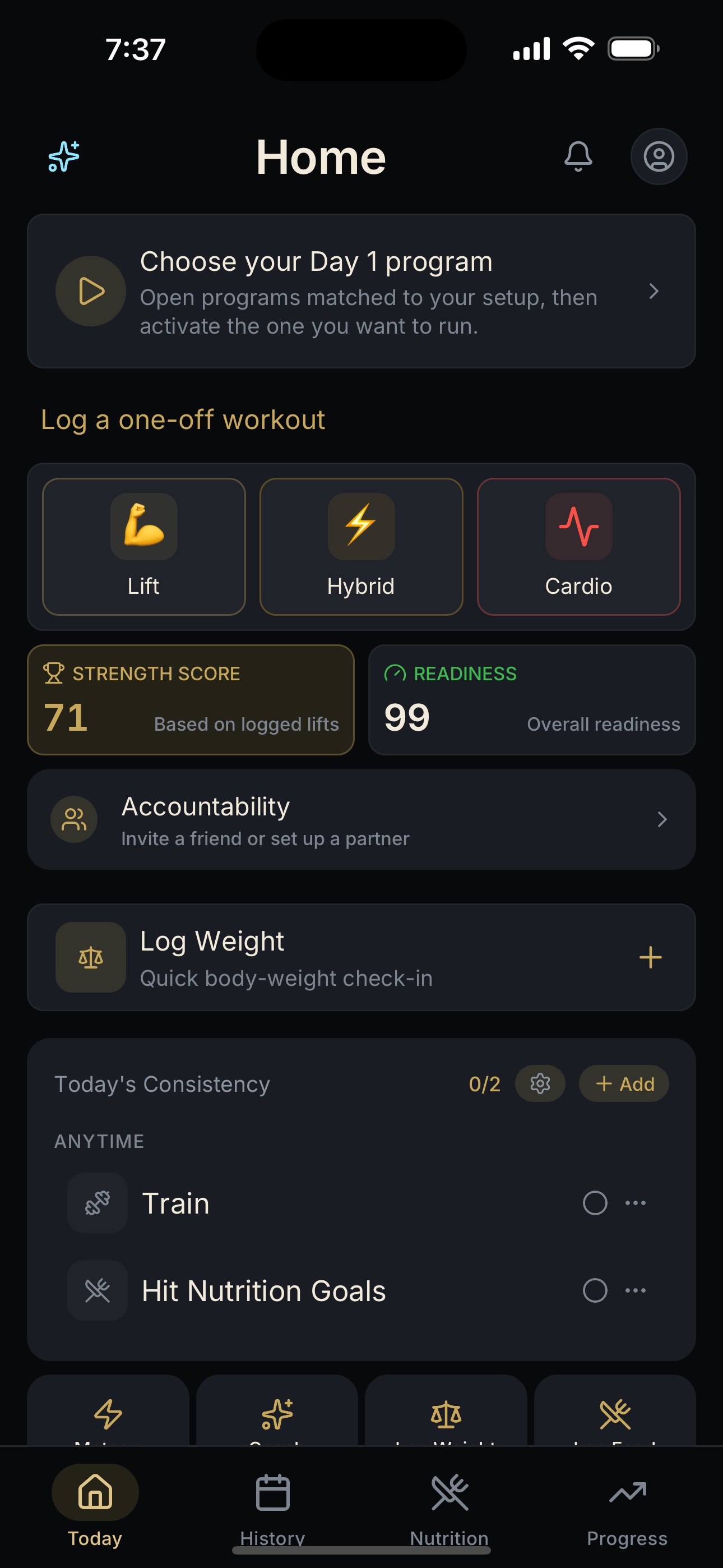 NEPSYN Today screen with Lift, Hybrid, and Cardio starts, a Strength Score of 71, and readiness of 99 percent.