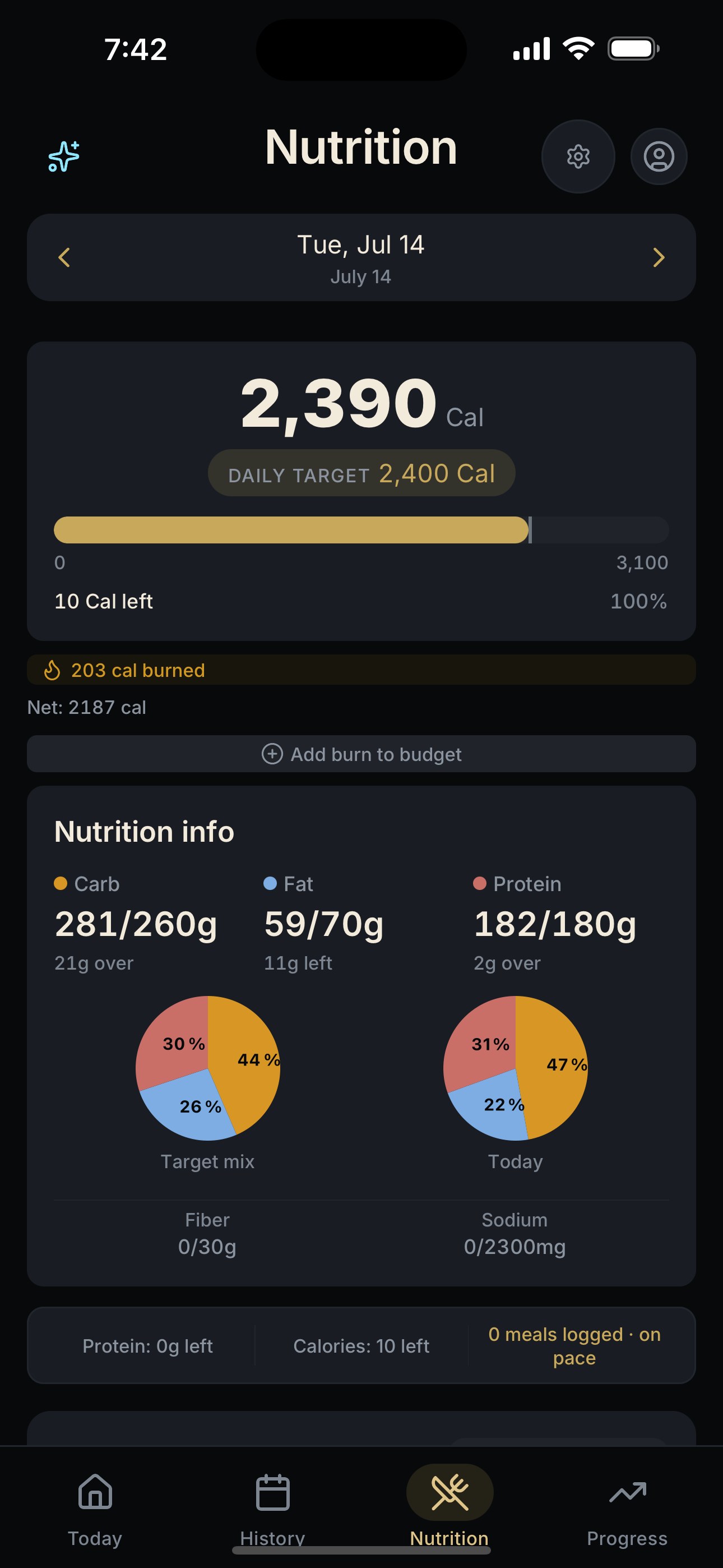 NEPSYN Nutrition day showing calorie, carbohydrate, fat, and protein totals against daily targets.