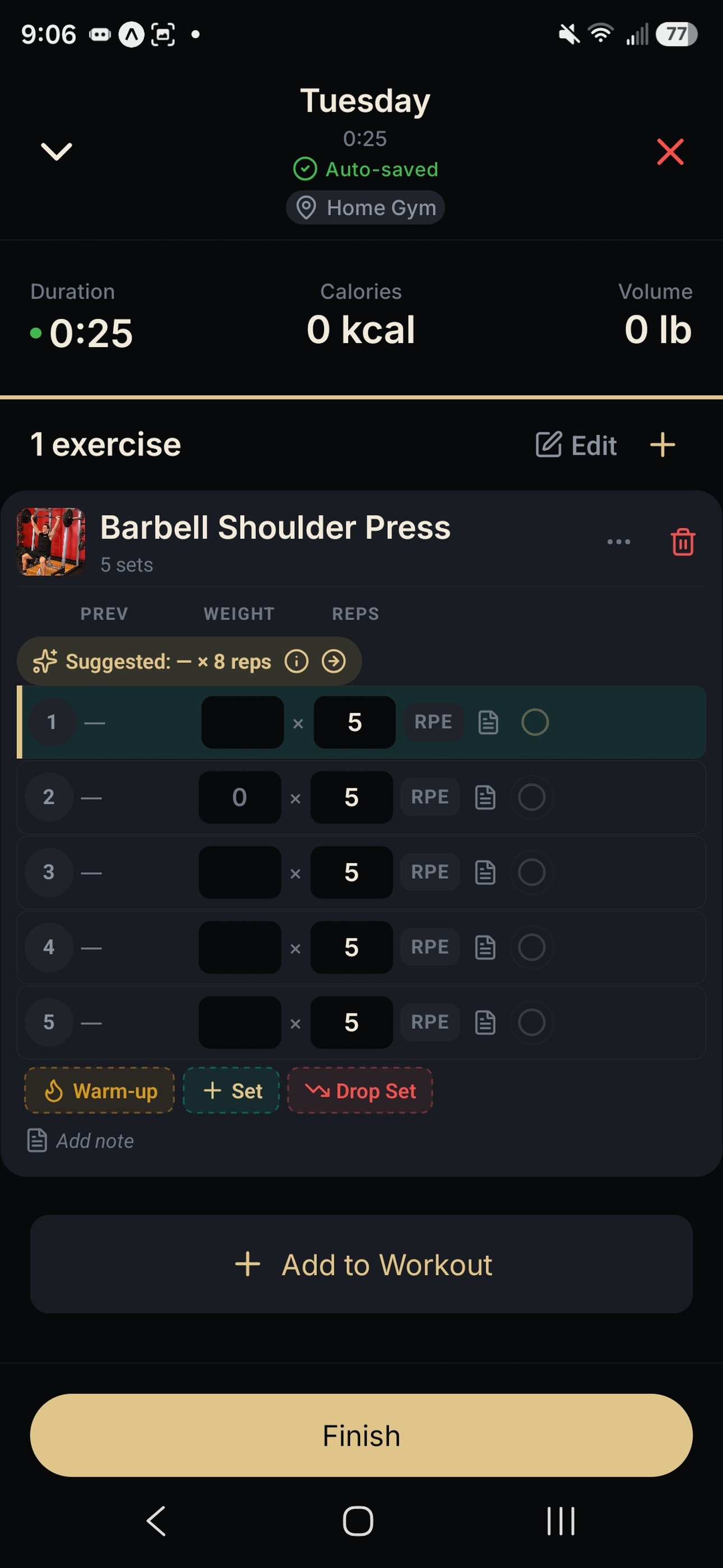 NEPSYN workout log showing sets, reps, RPE, and workout volume.